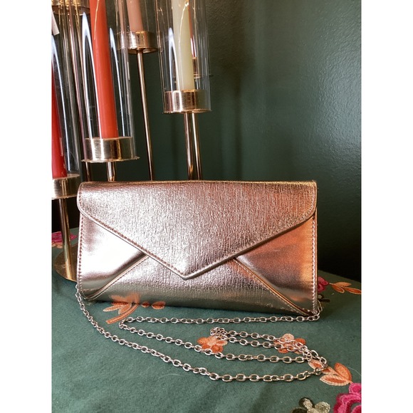 Charming Charlie Handbags - Charming Charlie RSVP Rose Gold Metallic Envelope Clutch Chain Strap Evening Bag
